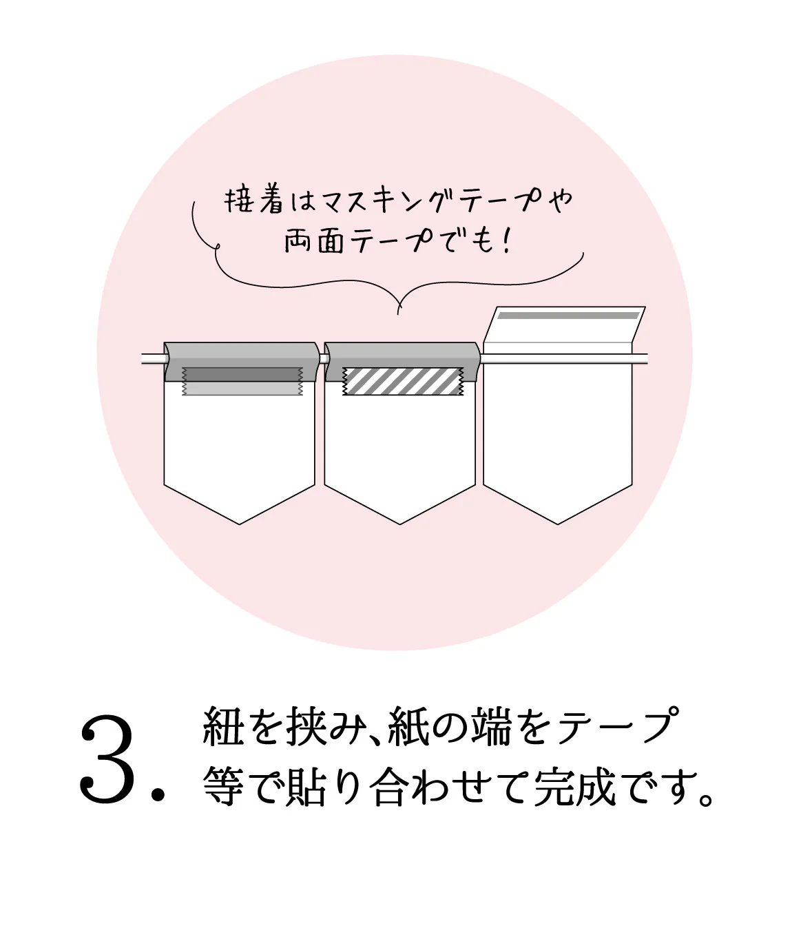 紐を挟み、紙の端をテープ等で貼り合わせて完成です。※接着はマスキングテープや両面テープでも!